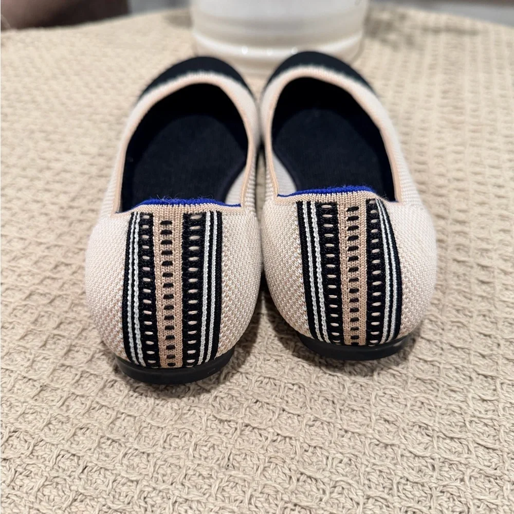 Rothy's Beige and Black Flats with Blue Trim